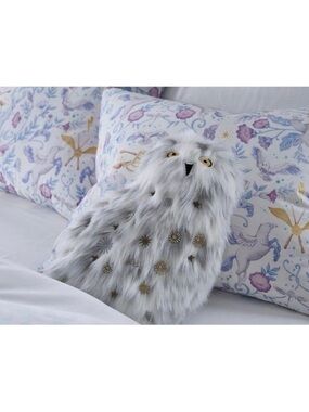 Pottery Barn Teen Hedwig White Faux Fur Owl Pillow with Gold Star Accents